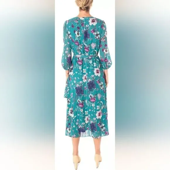 MAISON TARA Floral-Print Pleated Midi Dress NWT size 4 Teal/Blue - Picture 2 of 5